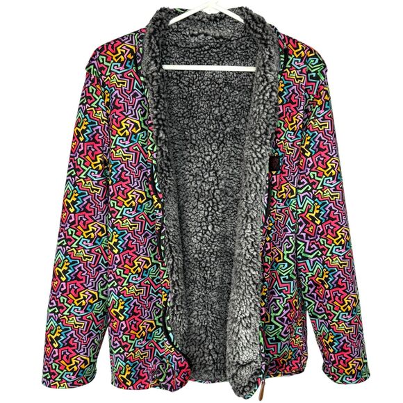USA Palm Reversible sherpa & colorful funky art pattern jacket 90s style Size XS - Picture 1 of 15